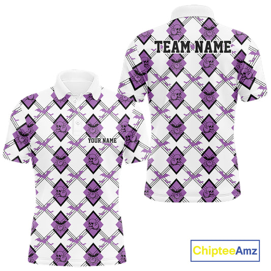 Custom White And Purple Halloween Bowling Argyle Pattern Men Polo Shirt Outfit IPHW11924