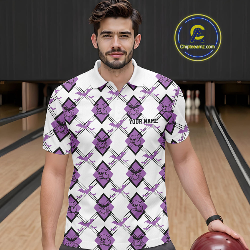 Custom White And Purple Halloween Bowling Argyle Pattern Men Polo Shirt Outfit IPHW11924