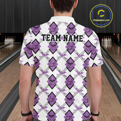 Custom White And Purple Halloween Bowling Argyle Pattern Men Polo Shirt Outfit IPHW11924