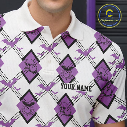 Custom White And Purple Halloween Bowling Argyle Pattern Men Polo Shirt Outfit IPHW11924