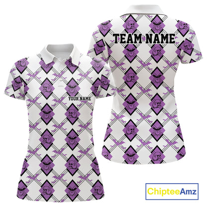 Custom White And Purple Halloween Bowling Argyle Pattern Women Polo Shirt Outfit IPHW11924