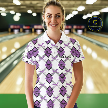 Custom White And Purple Halloween Bowling Argyle Pattern Women Polo Shirt Outfit IPHW11924