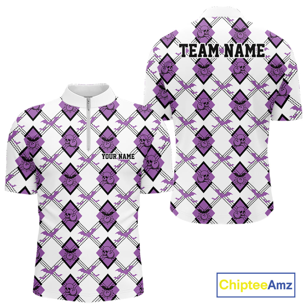 Custom White And Purple Halloween Bowling Argyle Pattern Men Quarter Zip Shirt Outfit IPHW11924