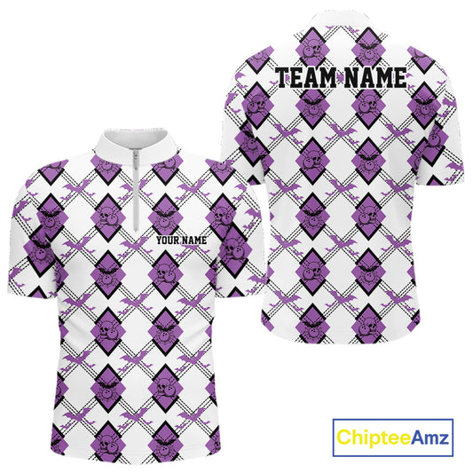 Custom White And Purple Halloween Bowling Argyle Pattern Men Quarter Zip Shirt Outfit IPHW11924