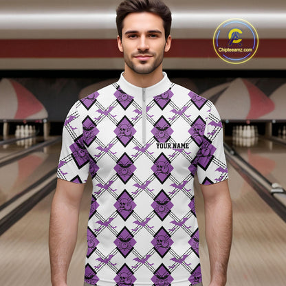 Custom White And Purple Halloween Bowling Argyle Pattern Men Quarter Zip Shirt Outfit IPHW11924