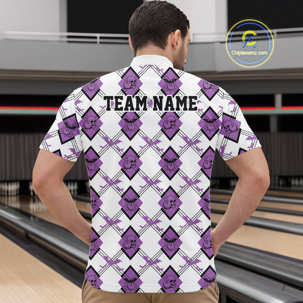 Custom White And Purple Halloween Bowling Argyle Pattern Men Quarter Zip Shirt Outfit IPHW11924