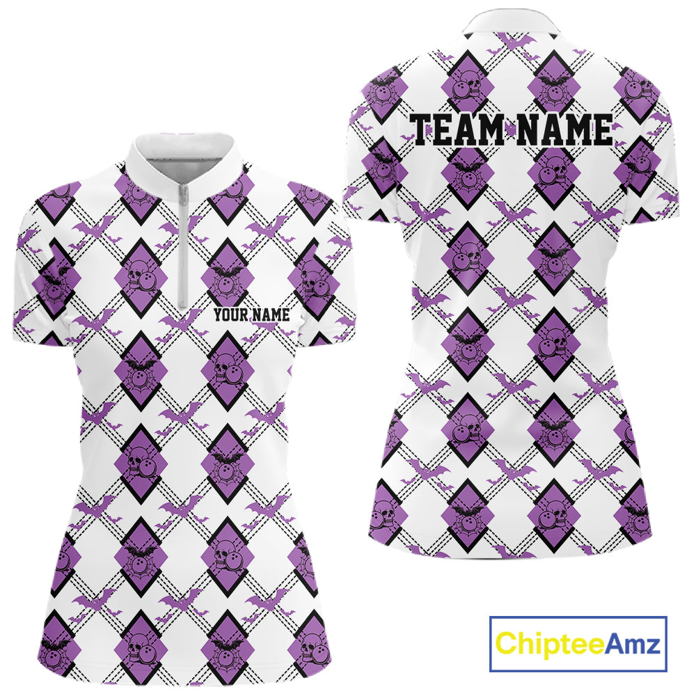 Custom White And Purple Halloween Bowling Argyle Pattern Women Quarter-Zip Shirt Outfit IPHW11924
