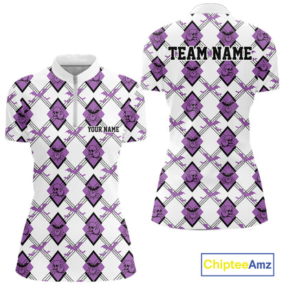 Custom White And Purple Halloween Bowling Argyle Pattern Women Quarter-Zip Shirt Outfit IPHW11924