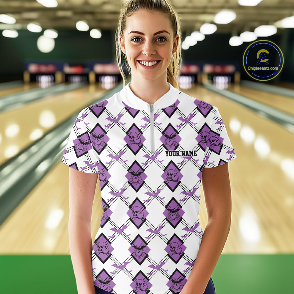 Custom White And Purple Halloween Bowling Argyle Pattern Women Quarter-Zip Shirt Outfit IPHW11924