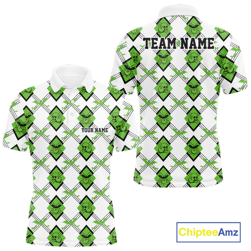 Custom White And Green Halloween Bowling Argyle Pattern Men Polo Shirt Outfit IPHW11925