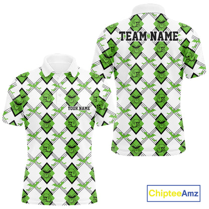 Custom White And Green Halloween Bowling Argyle Pattern Men Polo Shirt Outfit IPHW11925