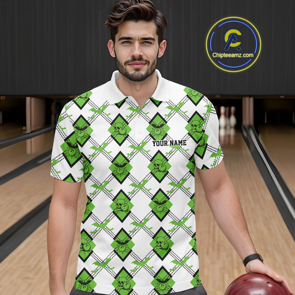 Custom White And Green Halloween Bowling Argyle Pattern Men Polo Shirt Outfit IPHW11925
