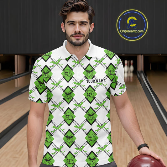 Custom White And Green Halloween Bowling Argyle Pattern Men Polo Shirt Outfit IPHW11925