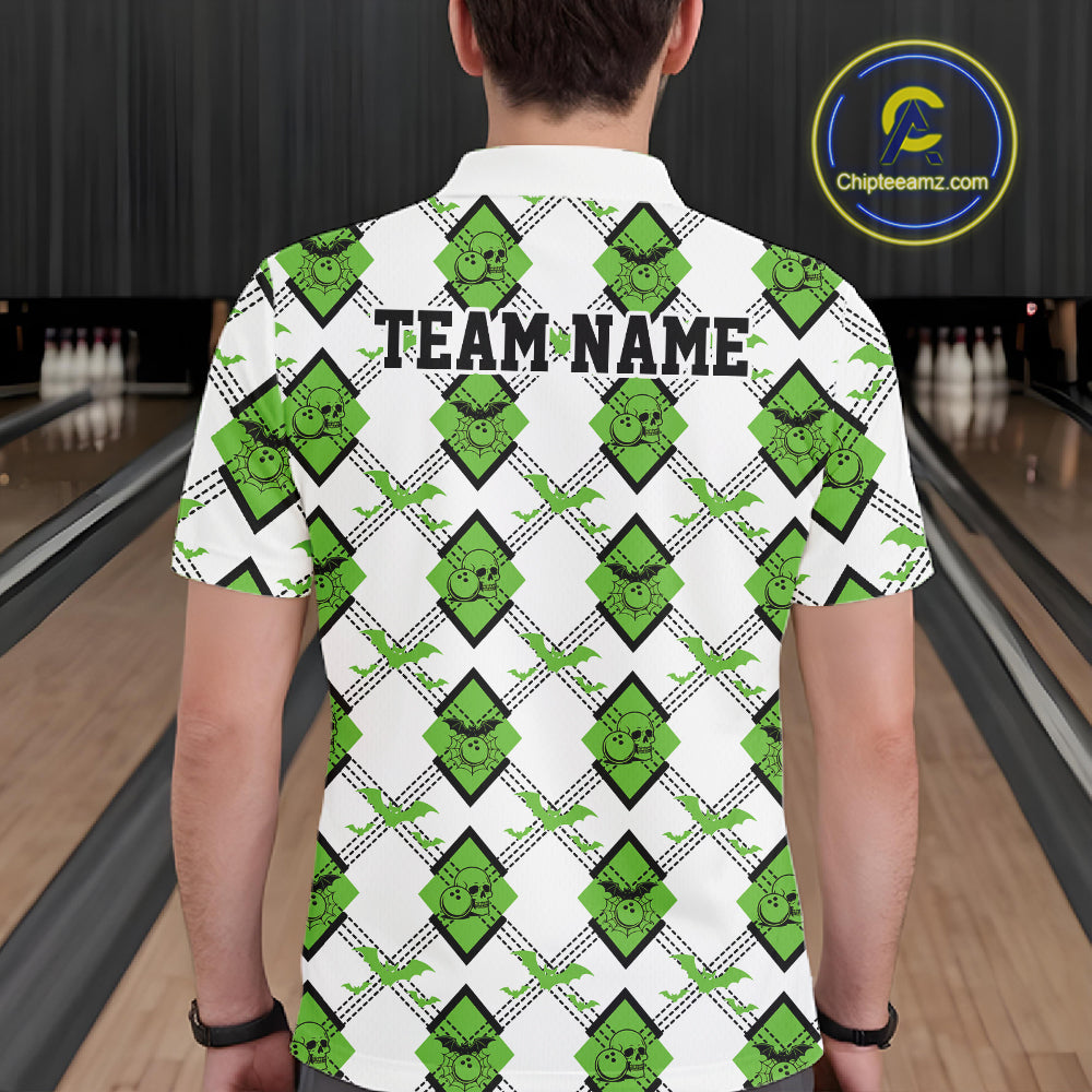 Custom White And Green Halloween Bowling Argyle Pattern Men Polo Shirt Outfit IPHW11925