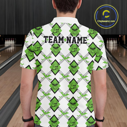 Custom White And Green Halloween Bowling Argyle Pattern Men Polo Shirt Outfit IPHW11925