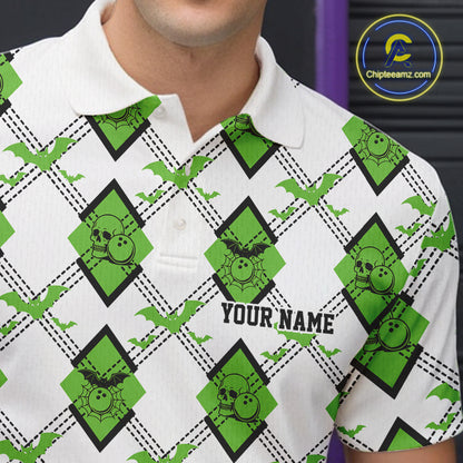 Custom White And Green Halloween Bowling Argyle Pattern Men Polo Shirt Outfit IPHW11925