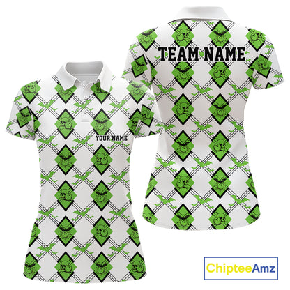 Custom White And Green Halloween Bowling Argyle Pattern Women Polo Shirt Outfit IPHW11925