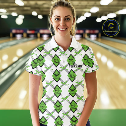 Custom White And Green Halloween Bowling Argyle Pattern Women Polo Shirt Outfit IPHW11925
