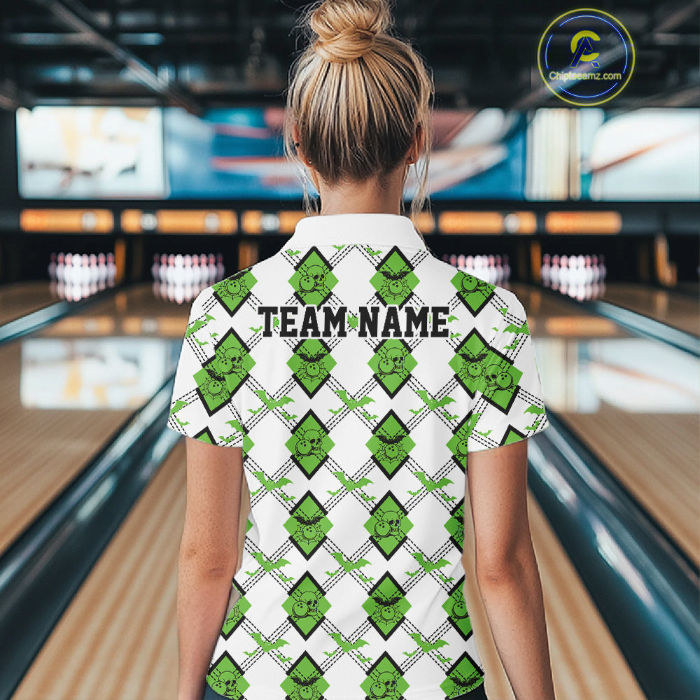 Custom White And Green Halloween Bowling Argyle Pattern Women Polo Shirt Outfit IPHW11925