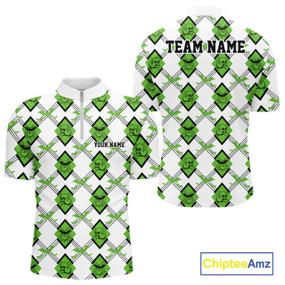 Custom White And Green Halloween Bowling Argyle Pattern Men Quarter Zip Shirt Outfit IPHW11925
