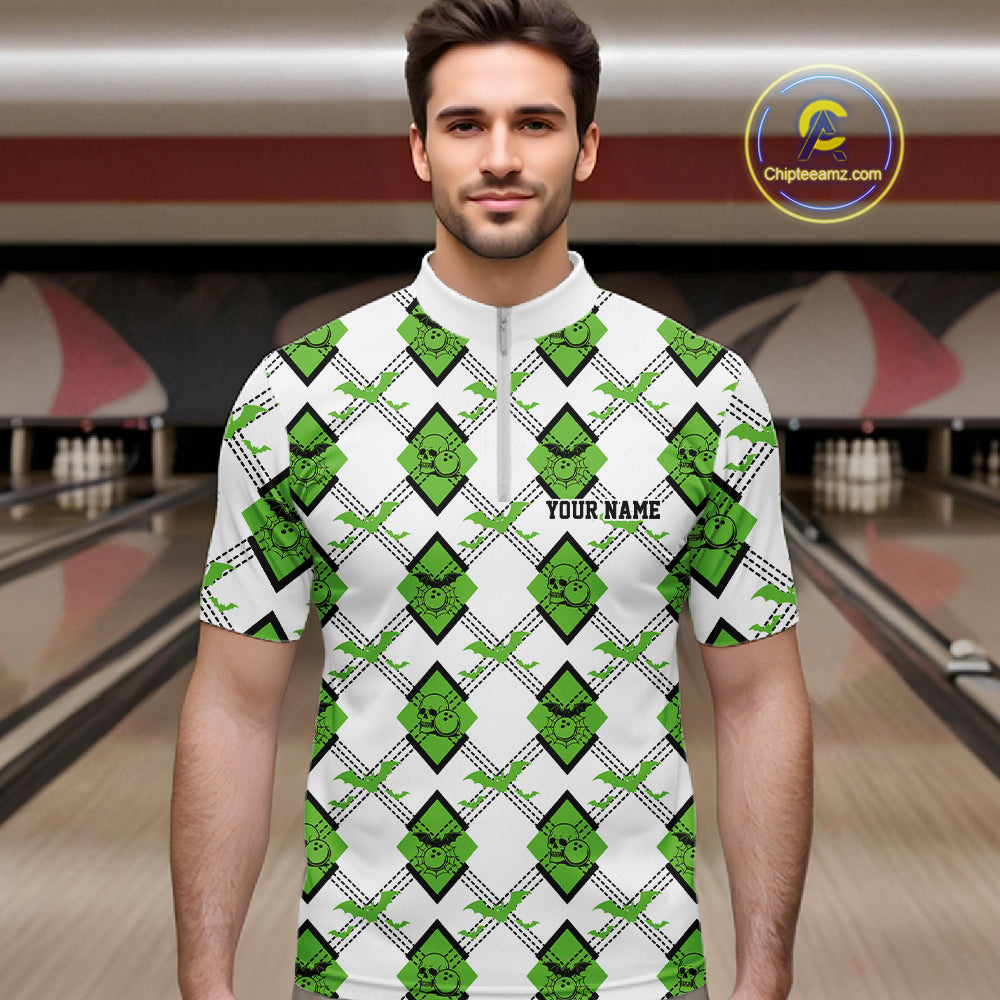 Custom White And Green Halloween Bowling Argyle Pattern Men Quarter Zip Shirt Outfit IPHW11925
