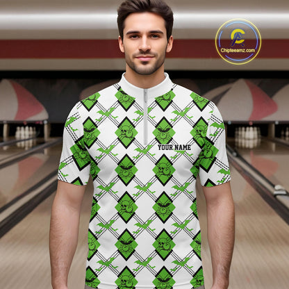 Custom White And Green Halloween Bowling Argyle Pattern Men Quarter Zip Shirt Outfit IPHW11925