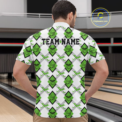 Custom White And Green Halloween Bowling Argyle Pattern Men Quarter Zip Shirt Outfit IPHW11925