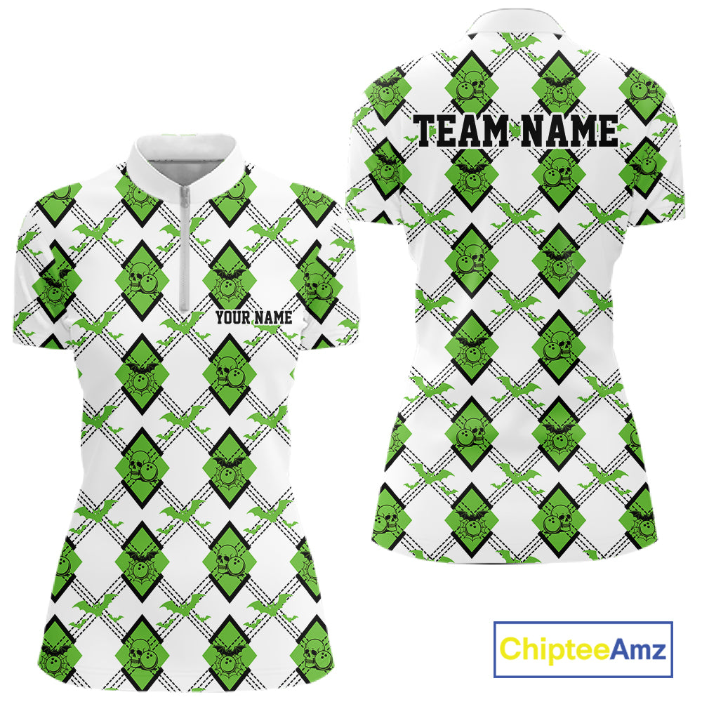 Custom White And Green Halloween Bowling Argyle Pattern Women Quarter-Zip Shirt Outfit IPHW11925
