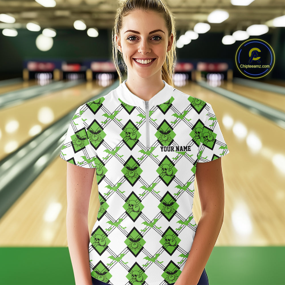 Custom White And Green Halloween Bowling Argyle Pattern Women Quarter-Zip Shirt Outfit IPHW11925