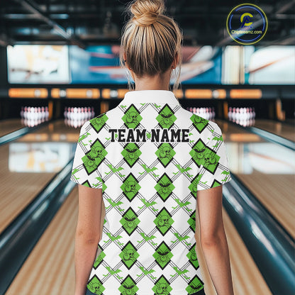 Custom White And Green Halloween Bowling Argyle Pattern Women Quarter-Zip Shirt Outfit IPHW11925