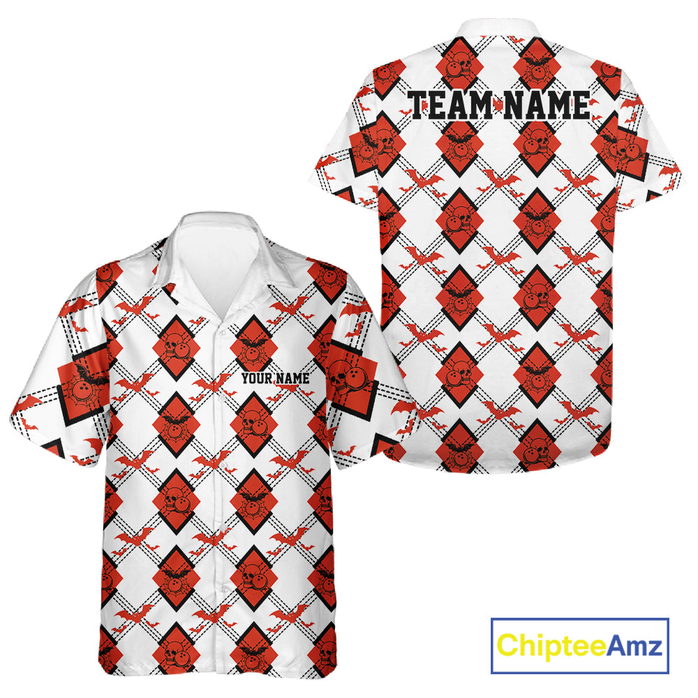 Custom White And Red Halloween Bowling Argyle Pattern Men And Women Button Up Shirt Outfit IPHW11926