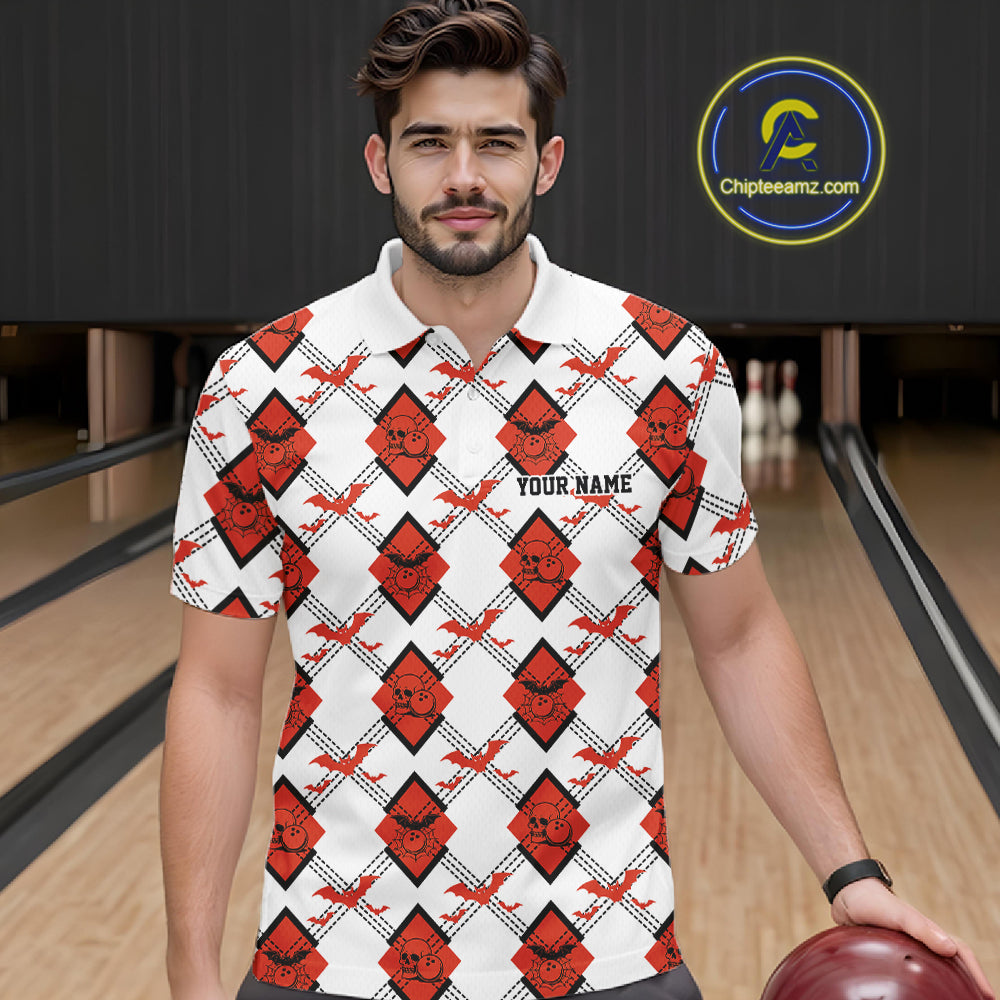 Custom White And Red Halloween Bowling Argyle Pattern Men Polo Shirt Outfit IPHW11926
