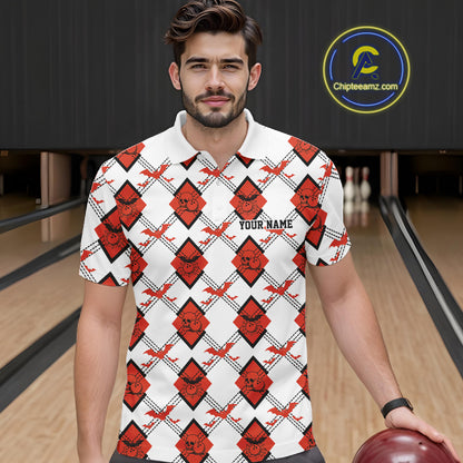 Custom White And Red Halloween Bowling Argyle Pattern Men Polo Shirt Outfit IPHW11926