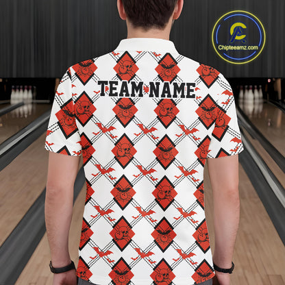 Custom White And Red Halloween Bowling Argyle Pattern Men Polo Shirt Outfit IPHW11926