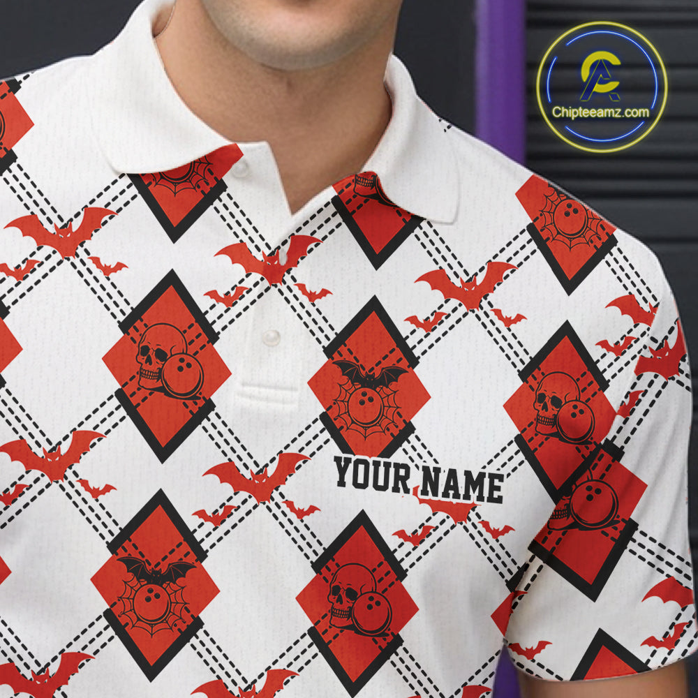Custom White And Red Halloween Bowling Argyle Pattern Men Polo Shirt Outfit IPHW11926