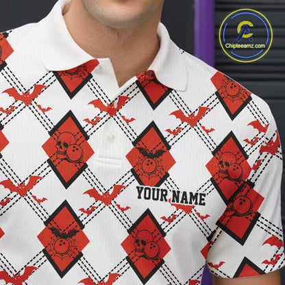 Custom White And Red Halloween Bowling Argyle Pattern Men Polo Shirt Outfit IPHW11926