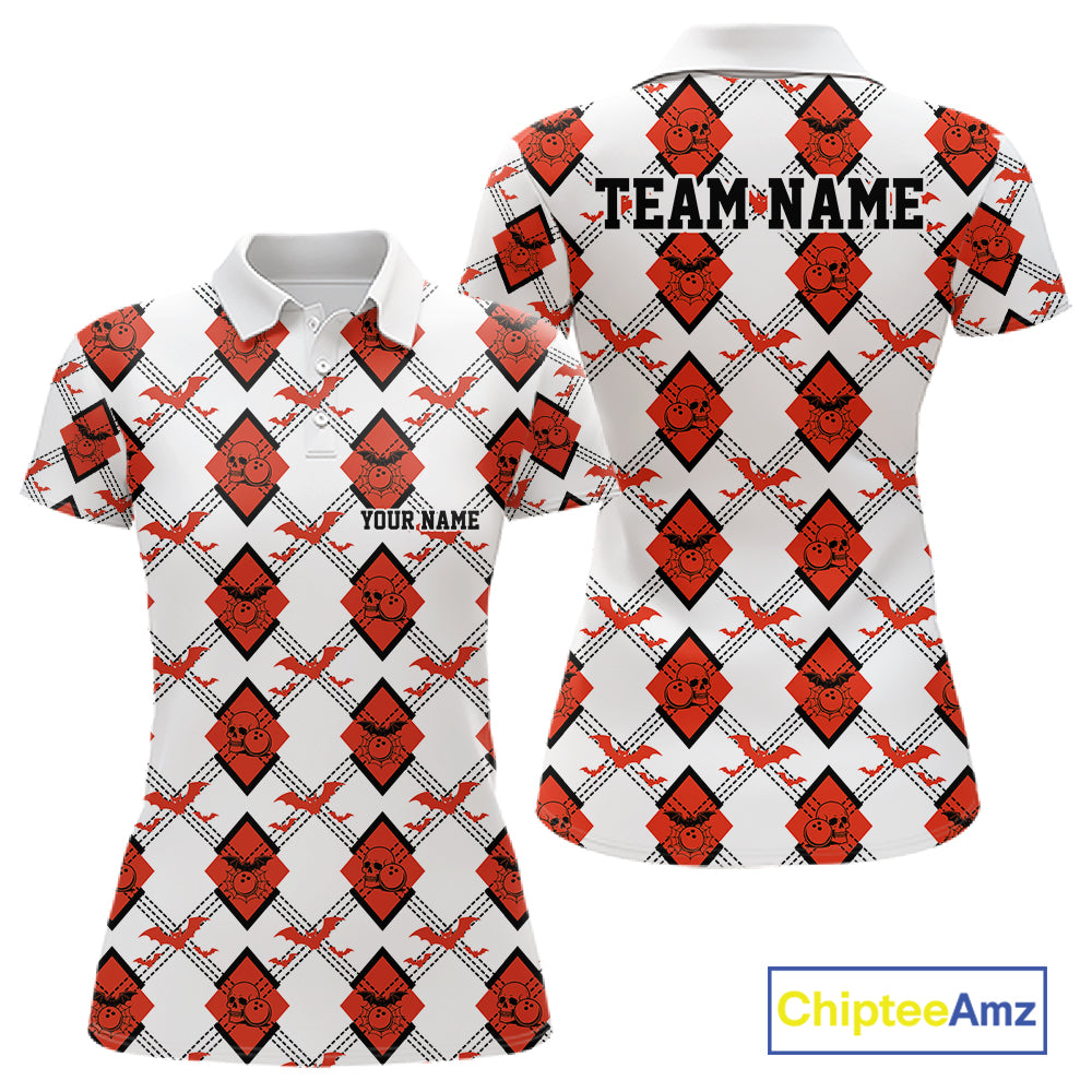 Custom White And Red Halloween Bowling Argyle Pattern Women Polo Shirt Outfit IPHW11926