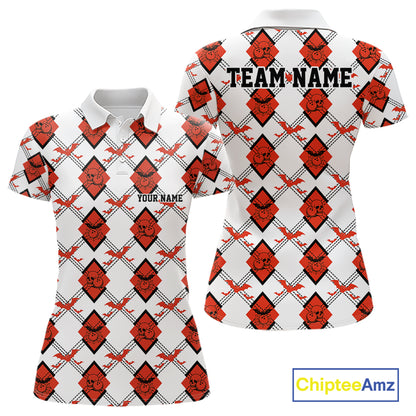 Custom White And Red Halloween Bowling Argyle Pattern Women Polo Shirt Outfit IPHW11926