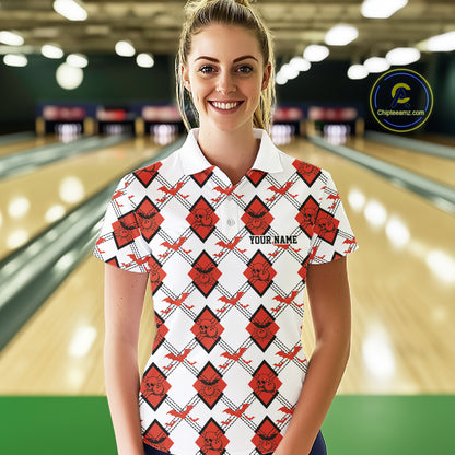 Custom White And Red Halloween Bowling Argyle Pattern Women Polo Shirt Outfit IPHW11926