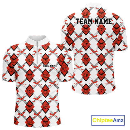 Custom White And Red Halloween Bowling Argyle Pattern Men Quarter Zip Shirt Outfit IPHW11926