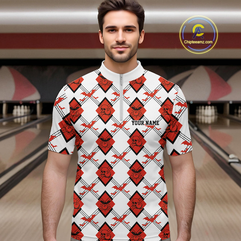 Custom White And Red Halloween Bowling Argyle Pattern Men Quarter Zip Shirt Outfit IPHW11926