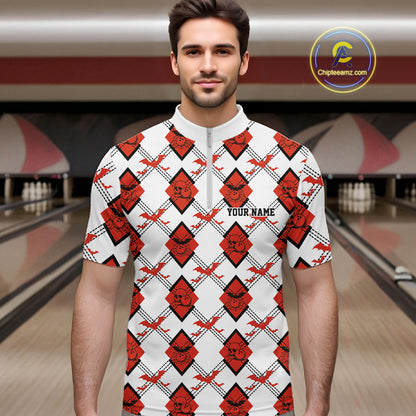Custom White And Red Halloween Bowling Argyle Pattern Men Quarter Zip Shirt Outfit IPHW11926
