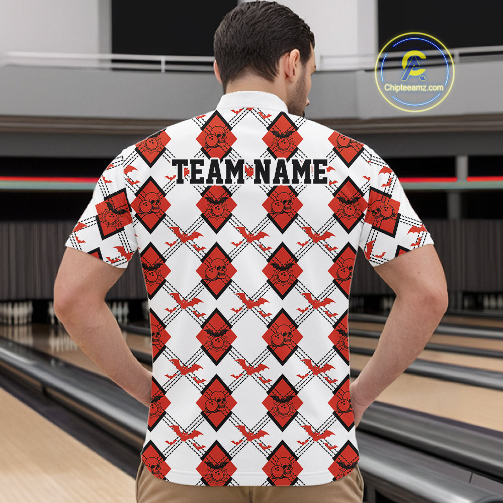 Custom White And Red Halloween Bowling Argyle Pattern Men Quarter Zip Shirt Outfit IPHW11926