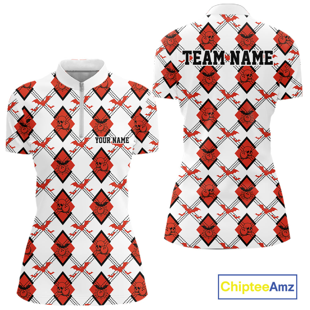 Custom White And Red Halloween Bowling Argyle Pattern Women Quarter-Zip Shirt Outfit IPHW11926