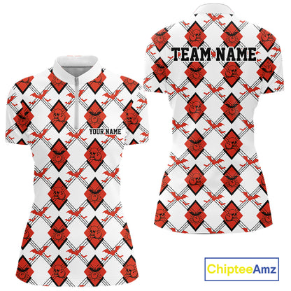 Custom White And Red Halloween Bowling Argyle Pattern Women Quarter-Zip Shirt Outfit IPHW11926