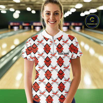 Custom White And Red Halloween Bowling Argyle Pattern Women Quarter-Zip Shirt Outfit IPHW11926