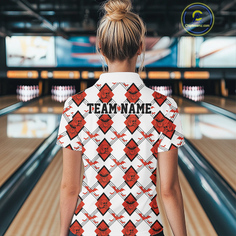 Custom White And Red Halloween Bowling Argyle Pattern Women Quarter-Zip Shirt Outfit IPHW11926