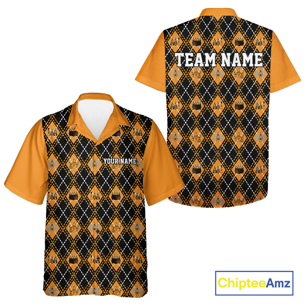 Custom Black And Orange Halloween Bowling Argyle Pattern Bowling Team Men And Women Button Up Shirt IPHW11927