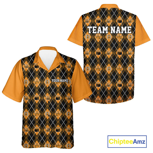 Custom Black And Orange Halloween Bowling Argyle Pattern Bowling Team Men And Women Button Up Shirt IPHW11927