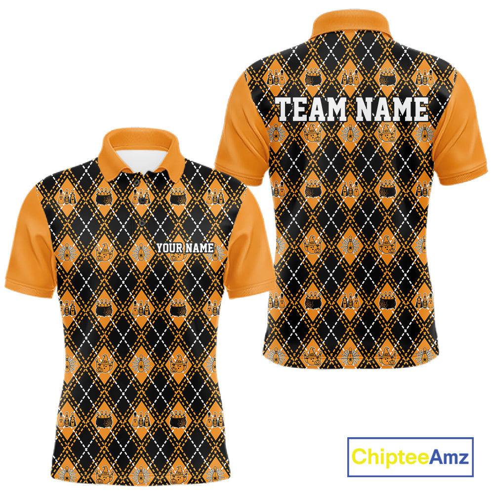 Custom Black And Orange Halloween Bowling Argyle Pattern Bowling Team Men Polo Shirt IPHW11927
